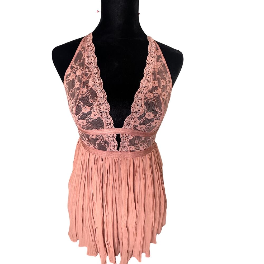 ⁠Victoria's Secret Babydoll Halter Lace Micro Pleated Pink S
